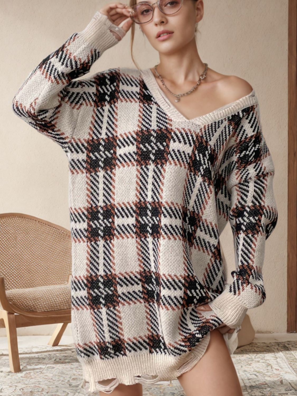 Distressed Plaid V-Neck Long Sleeve Sweater Dress – Ramonz Distressed Plaid V-Neck Long Sleeve Sweater Dress – Ramonz